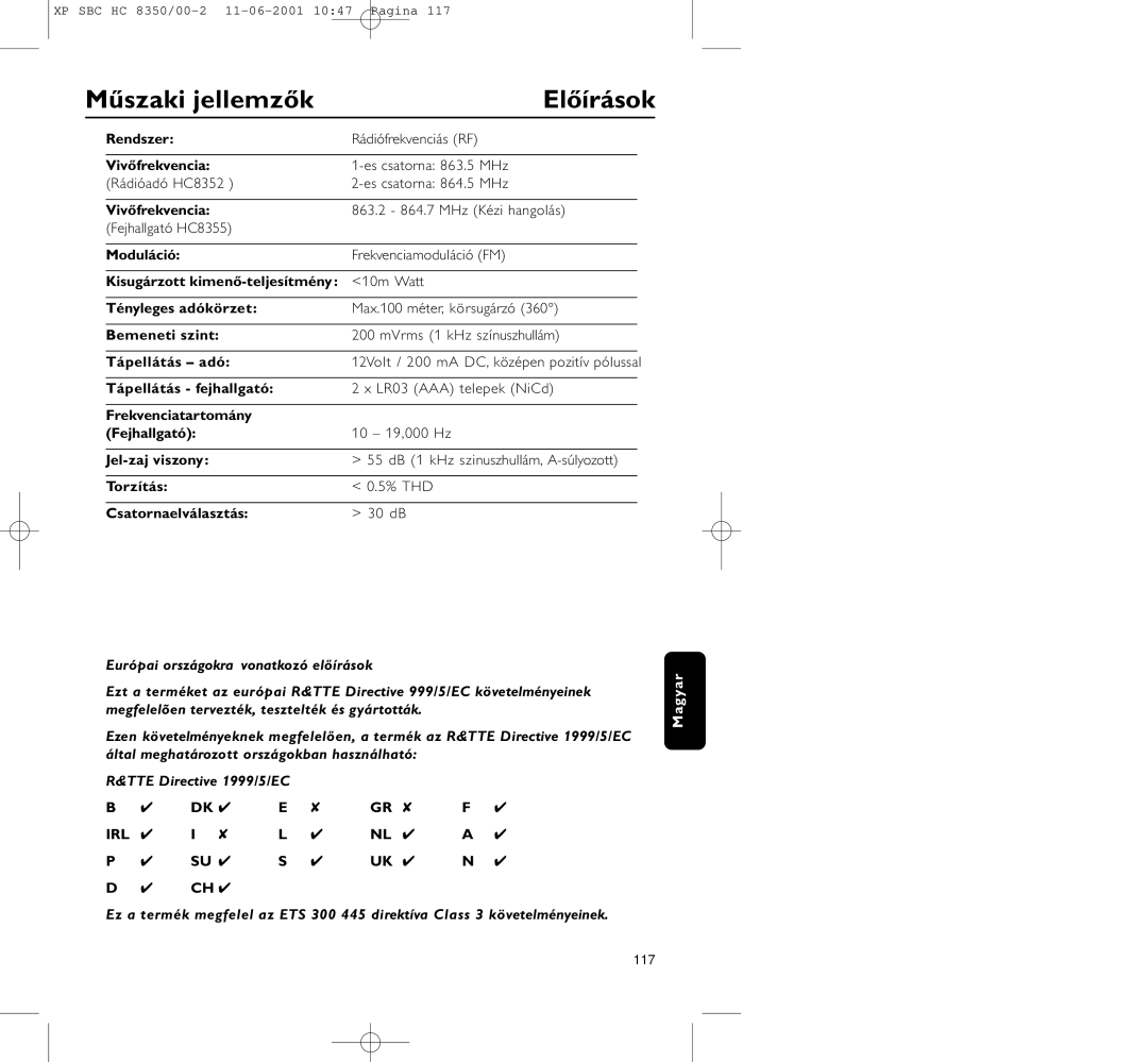 Philips HC8350 manual Műszaki jellemzők, Előírások 