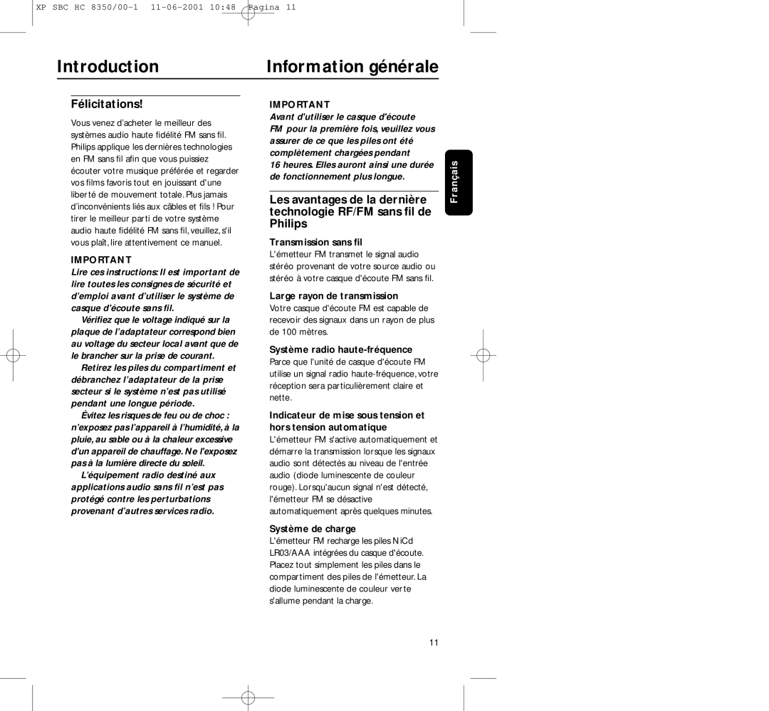 Philips HC8350 manual Introduction Information générale, Félicitations 