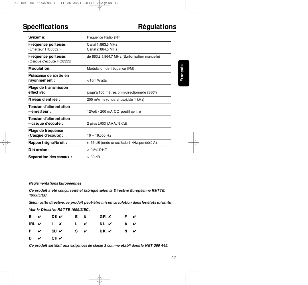 Philips HC8350 manual Spéciﬁcations, Régulations 