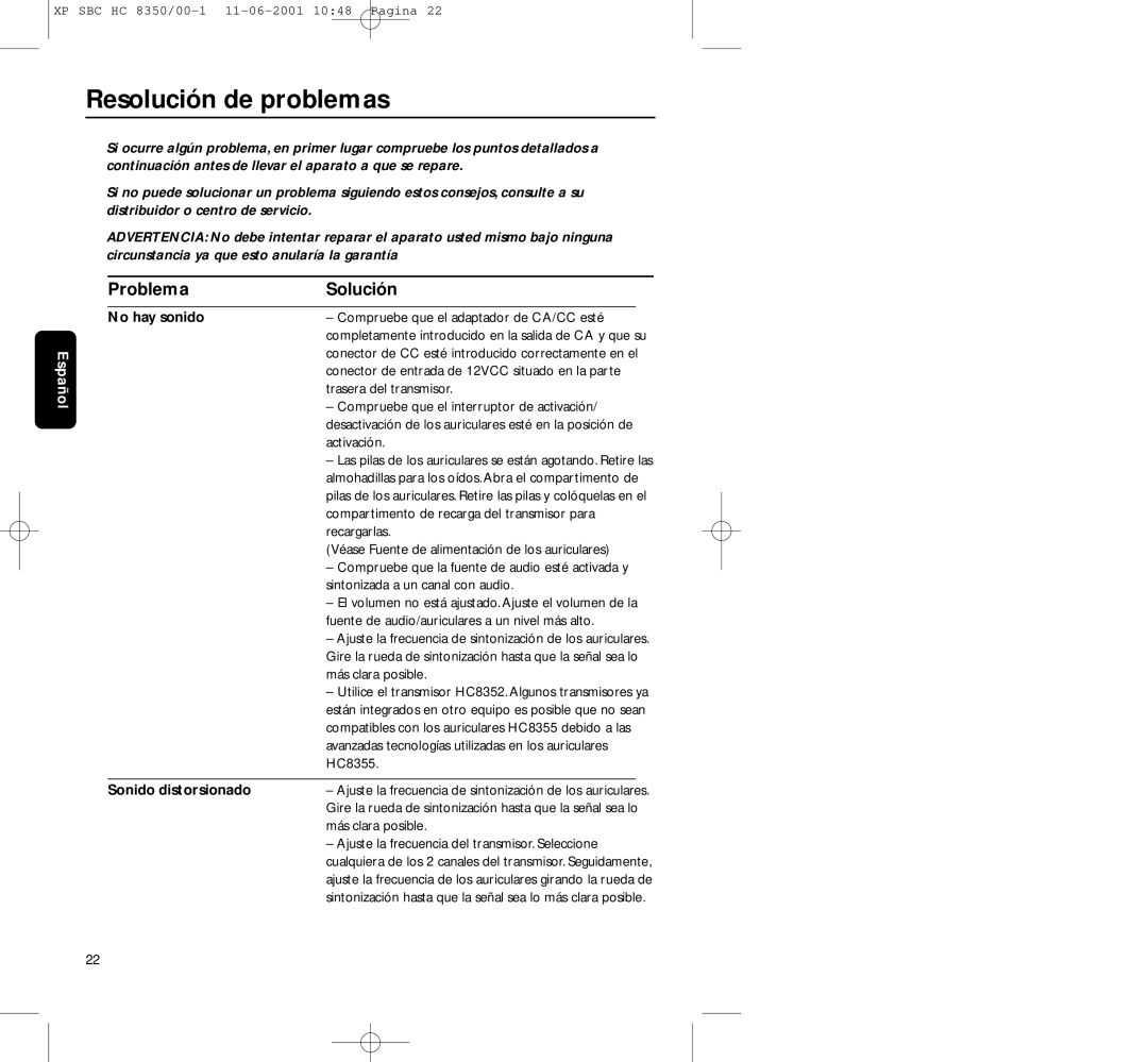 Philips HC8350 manual Resolución de problemas, Problema Solución, No hay sonido, Sonido distorsionado 