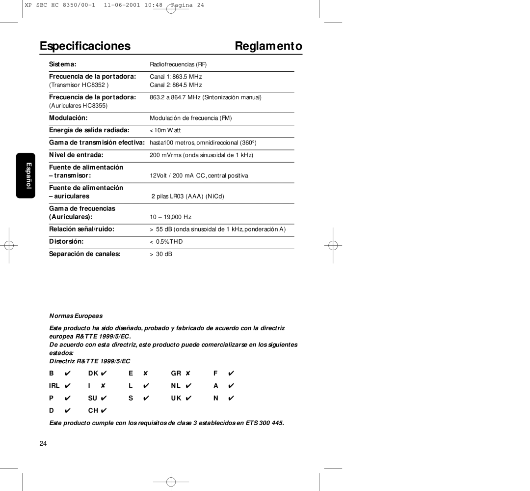 Philips HC8350 manual Especiﬁcaciones Reglamento, Distorsión % THD Separación de canales 30 dB 