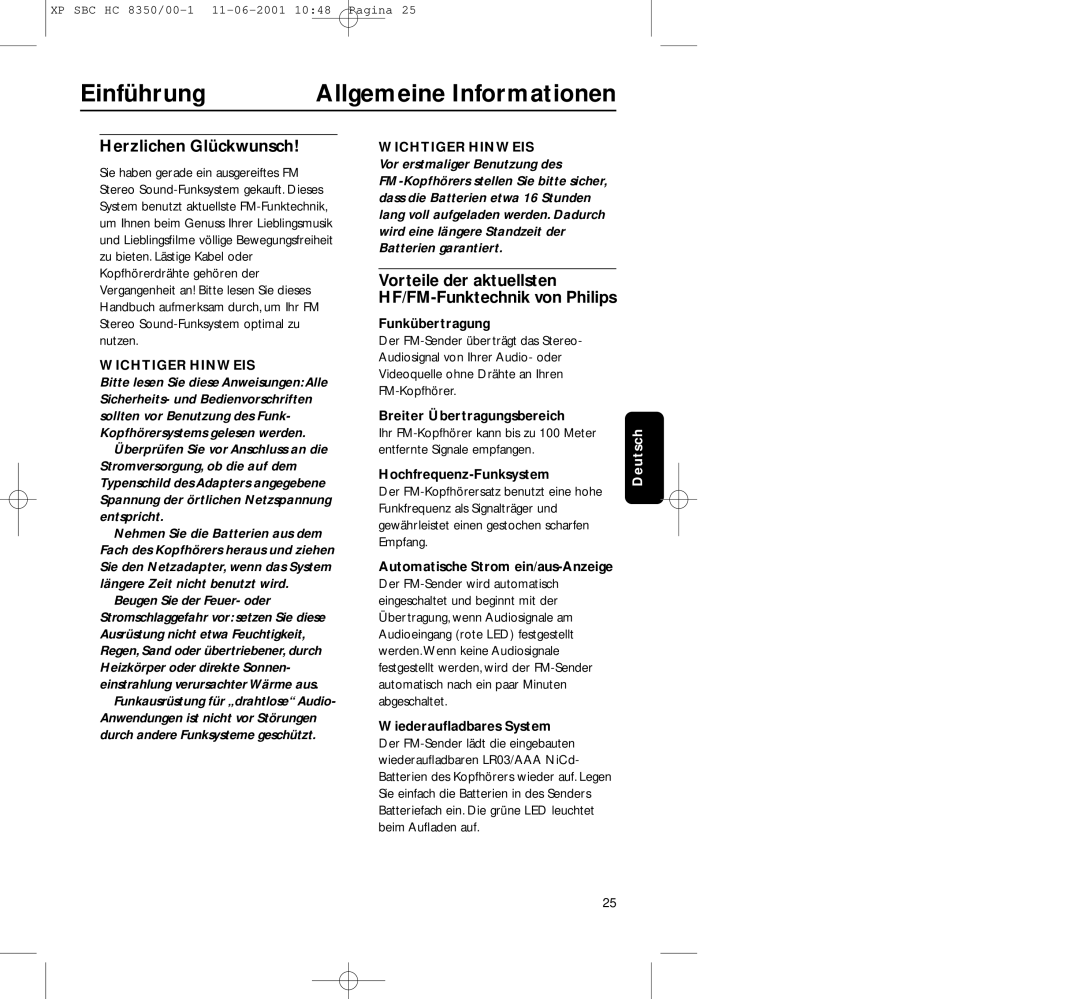 Philips HC8350 manual Einführung Allgemeine Informationen, Herzlichen Glückwunsch 