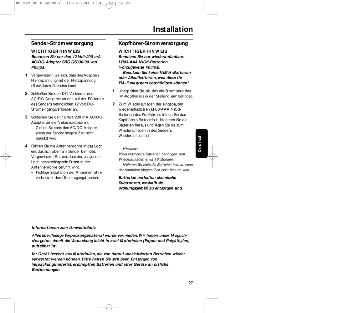 Philips HC8350 manual Sender-Stromversorgung Kopfhörer-Stromversorgung, Informationen zum Umweltschutz 