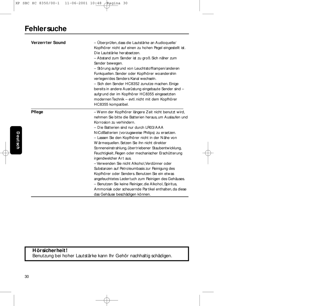 Philips HC8350 manual Hörsicherheit, Pﬂege 