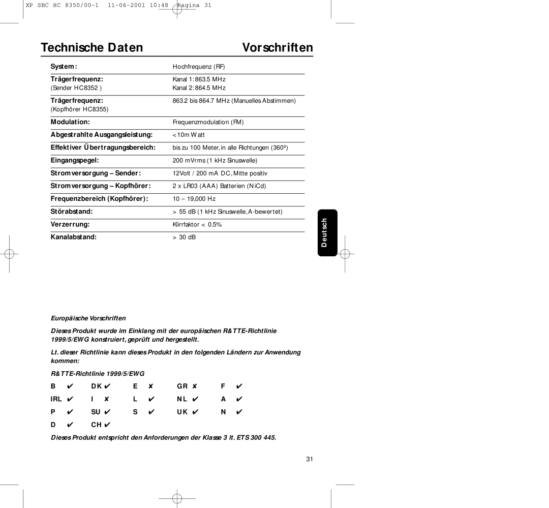 Philips HC8350 manual Technische Daten Vorschriften 