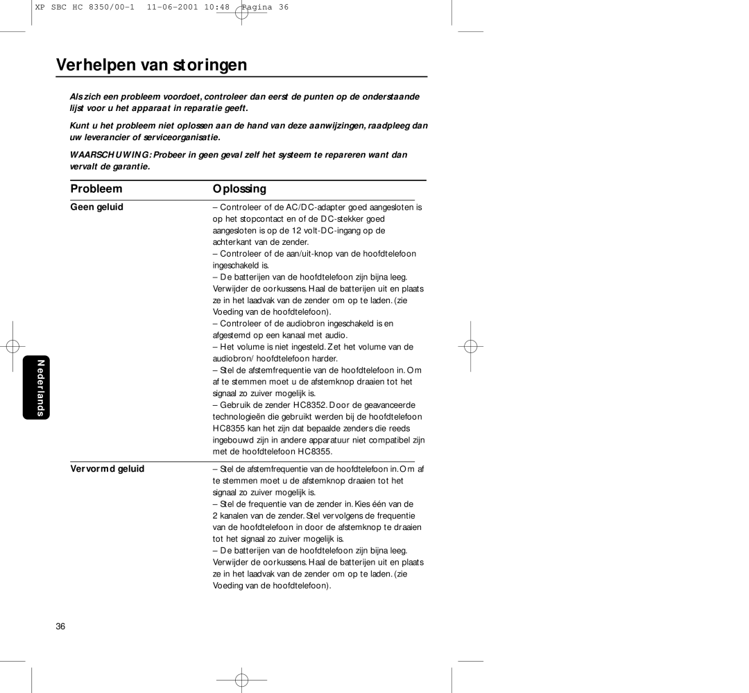 Philips HC8350 manual Verhelpen van storingen, Probleem Oplossing, Geen geluid, Vervormd geluid 