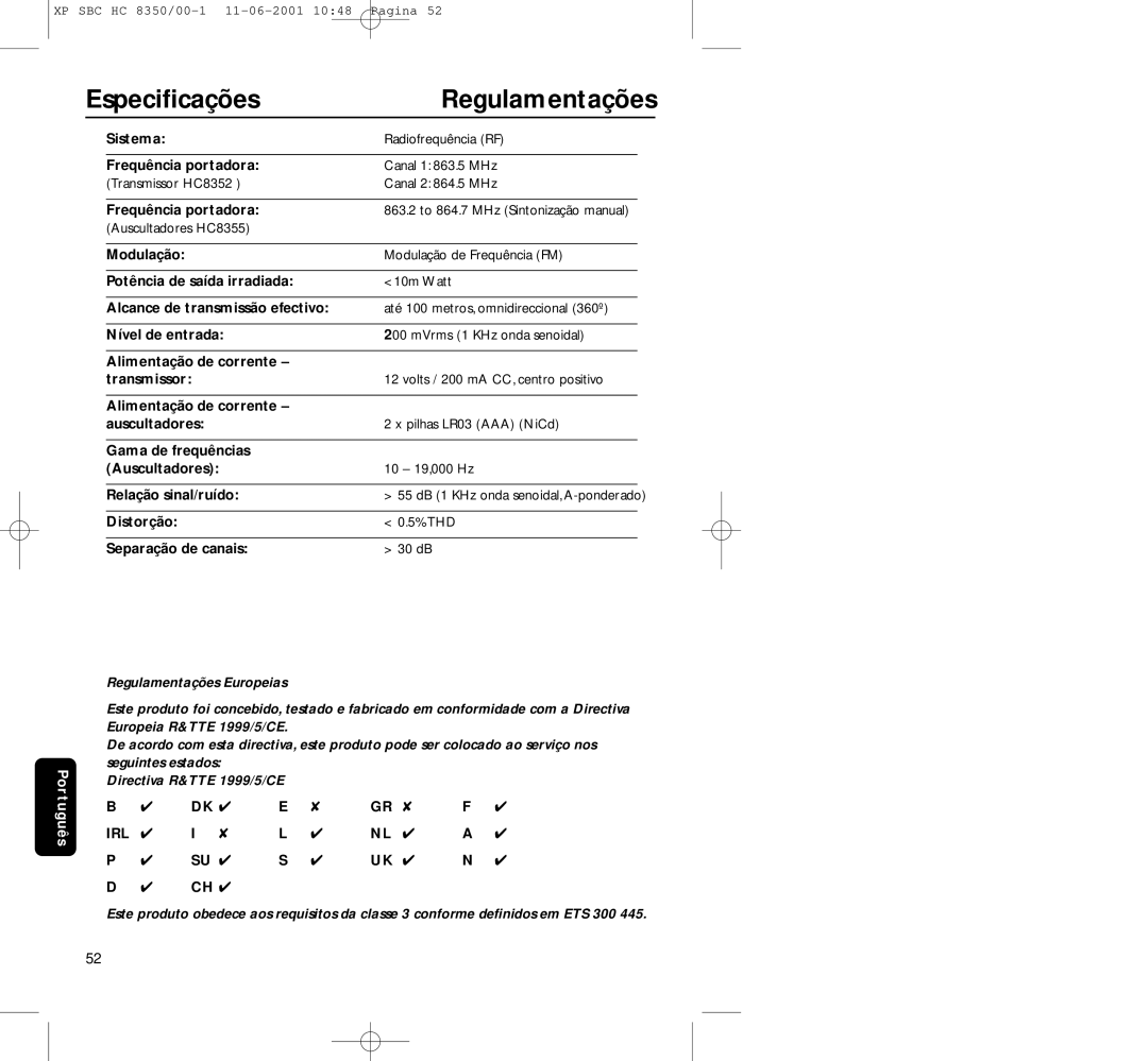 Philips HC8350 manual Especiﬁcações, Regulamentações, Distorção % THD Separação de canais 30 dB 