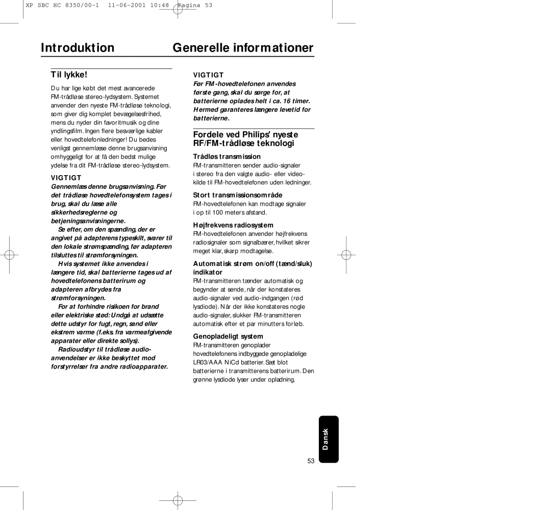 Philips HC8350 manual Introduktion Generelle informationer, Til lykke, Fordele ved Philips nyeste RF/FM-trådløse teknologi 