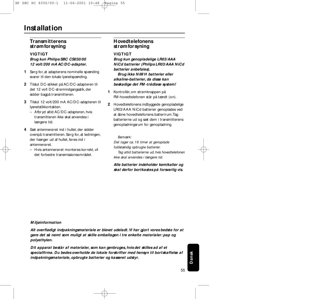 Philips HC8350 manual Installation, Miljøinformation 