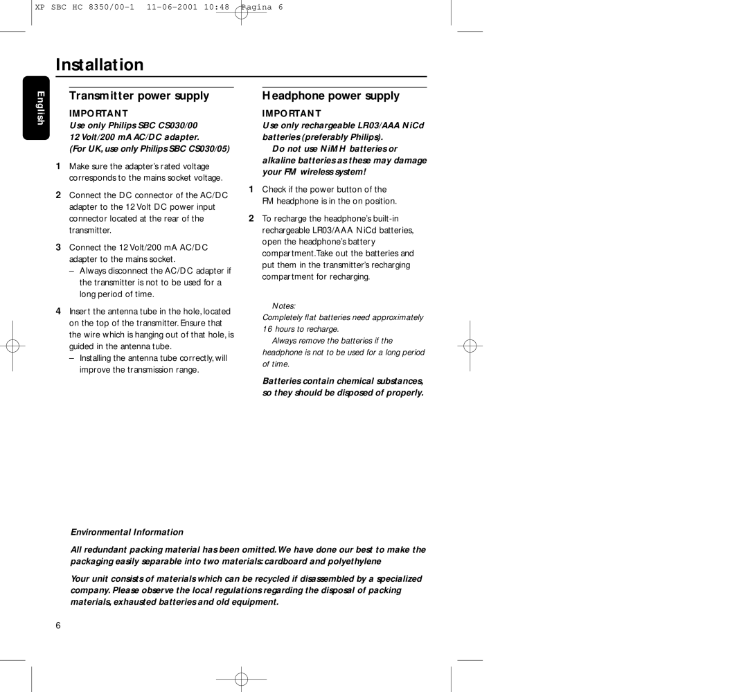 Philips HC8350 manual Installation, Transmitter power supply, Headphone power supply, Environmental Information 