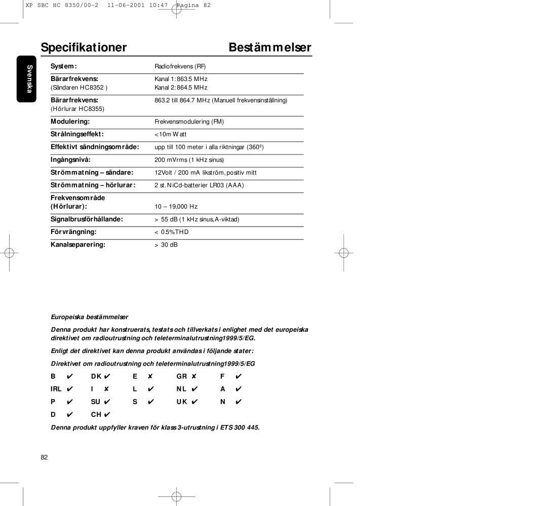 Philips HC8350 manual Speciﬁkationer Bestämmelser 