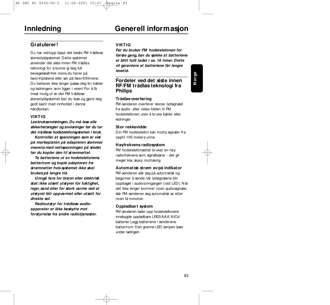 Philips HC8350 manual Innledning Generell informasjon, Gratulerer 