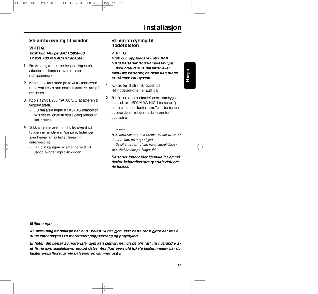 Philips HC8350 manual Installasjon, Strømforsyning til sender, Strømforsyning til hodetelefon, Miljøhensyn 