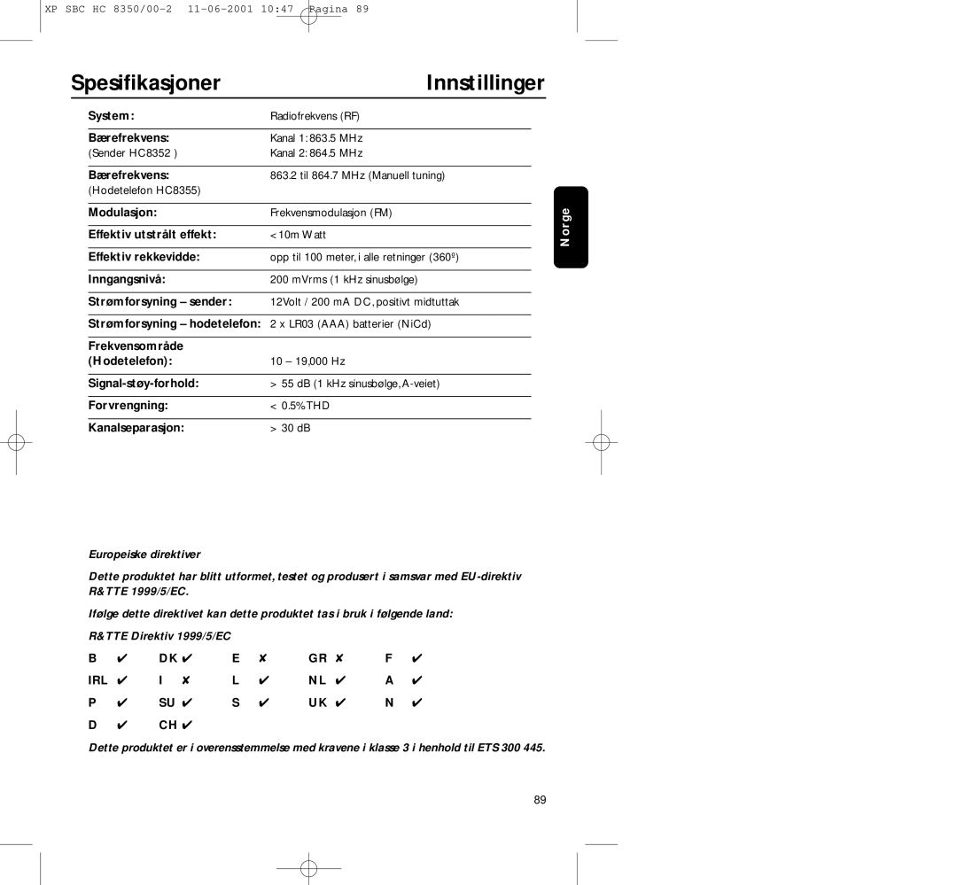 Philips HC8350 manual Spesiﬁkasjoner Innstillinger 