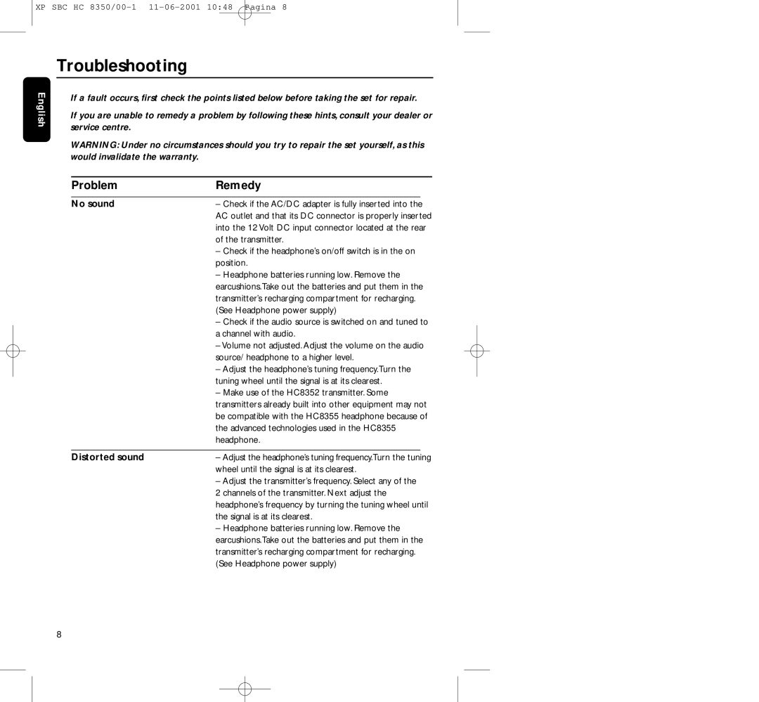 Philips HC8350 manual Troubleshooting, Problem Remedy, No sound, Distorted sound 