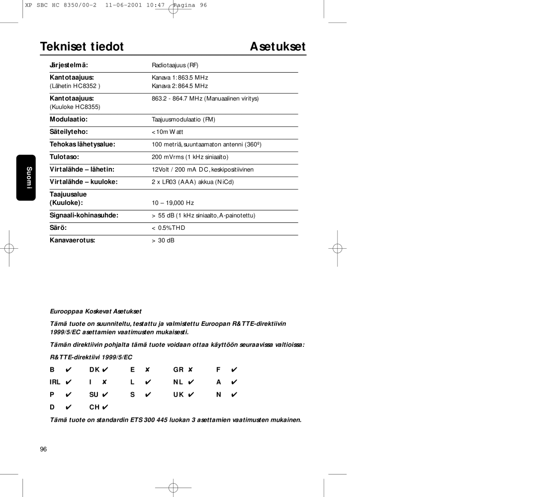 Philips HC8350 manual Tekniset tiedot, Asetukset 