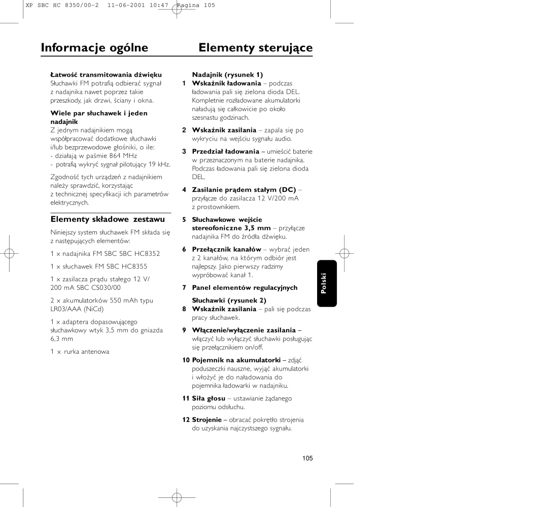 Philips HC8350 manual Informacje ogólne Elementy sterujące, Elementy składowe zestawu 