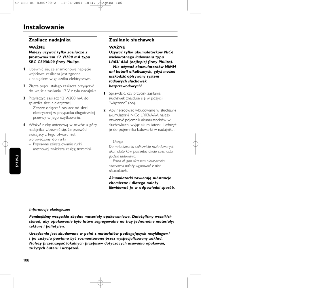 Philips HC8350 manual Instalowanie, Zasilacz nadajnika, Napięciem w gniazdku elektrycznym, Informacje ekologiczne, 106 