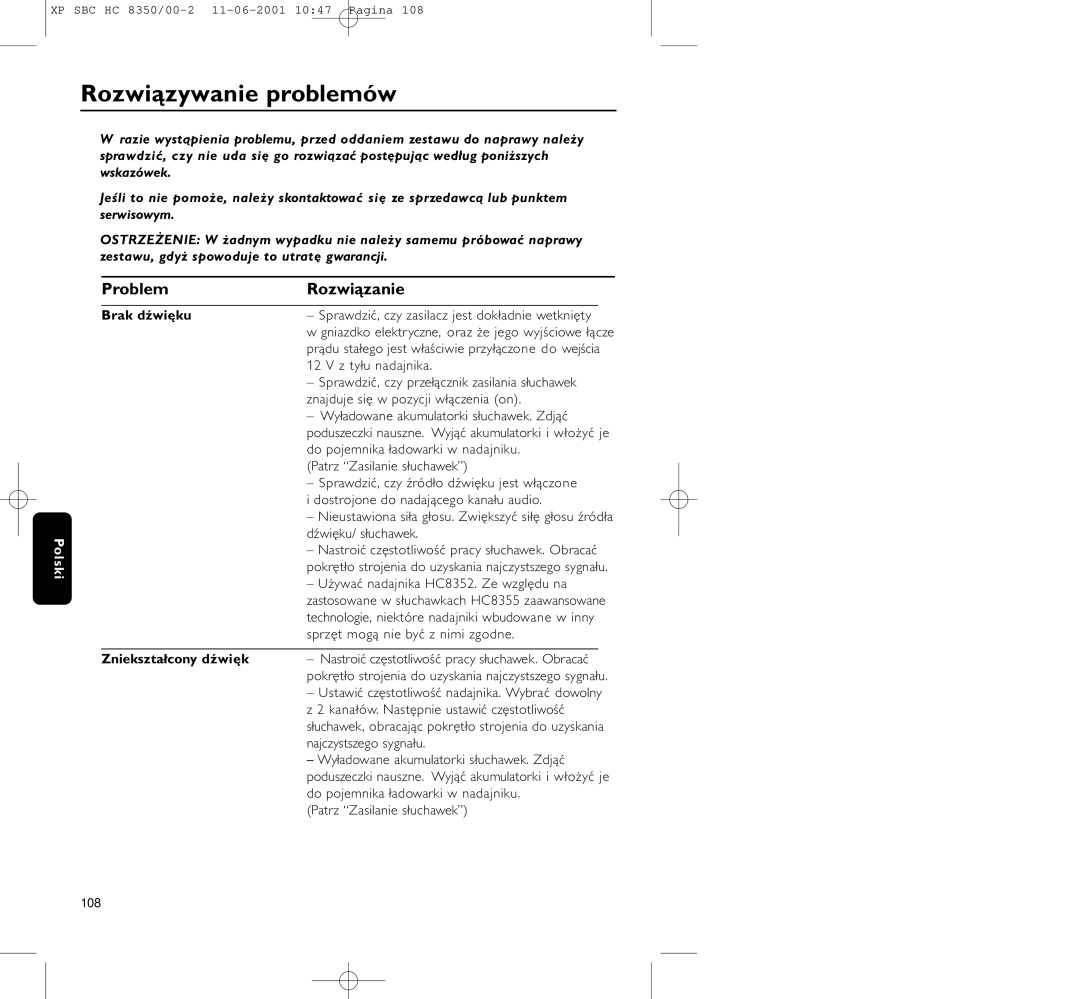 Philips HC8350 manual Rozwiązywanie problemów, Problem Rozwiązanie, Brak dźwięku, Zniekształcony dźwięk 