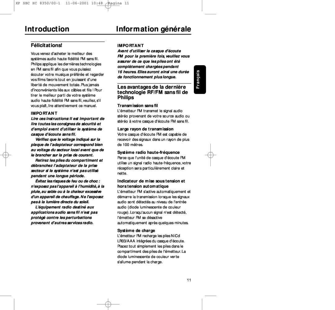 Philips HC8350 manual Information générale, Introduction, Félicitations, Transmission sans ﬁl, Large rayon de transmission 