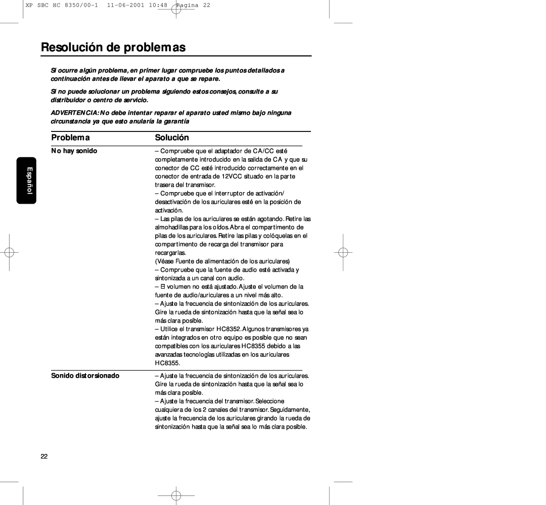 Philips HC8350 manual Resolución de problemas, Problema, Solución, No hay sonido, Sonido distorsionado 