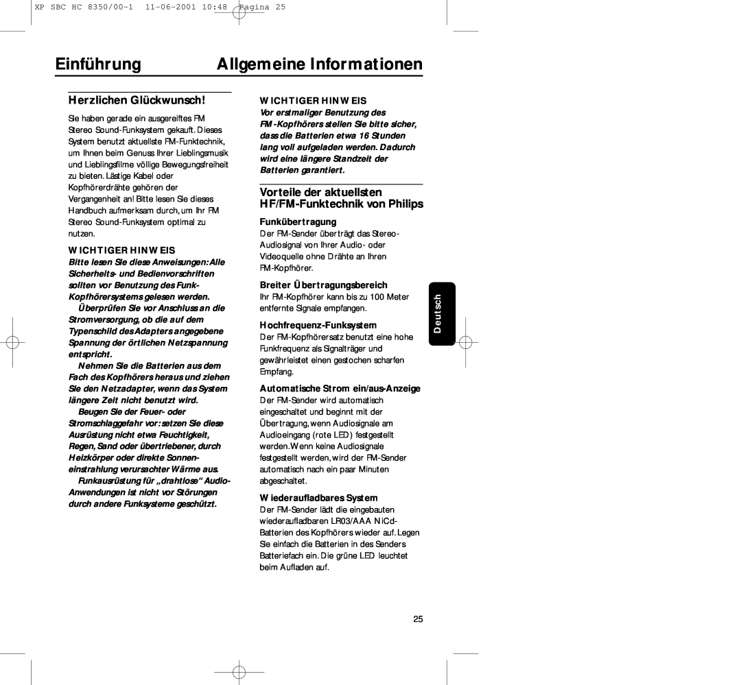 Philips HC8350 manual Einführung, Allgemeine Informationen, Herzlichen Glückwunsch, Wichtiger Hinweis, Funkübertragung 