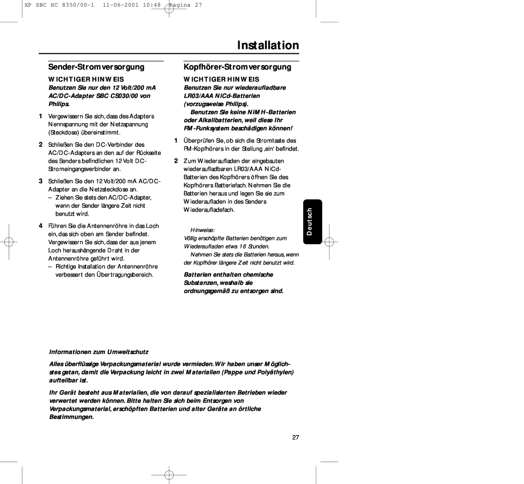 Philips HC8350 manual Installation, Sender-Stromversorgung Kopfhörer-Stromversorgung, Wichtiger Hinweis 