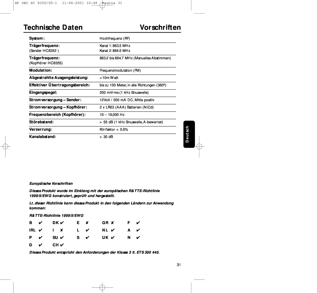 Philips HC8350 manual Technische Daten, Vorschriften, System, Trägerfrequenz, Modulation, Abgestrahlte Ausgangsleistung 