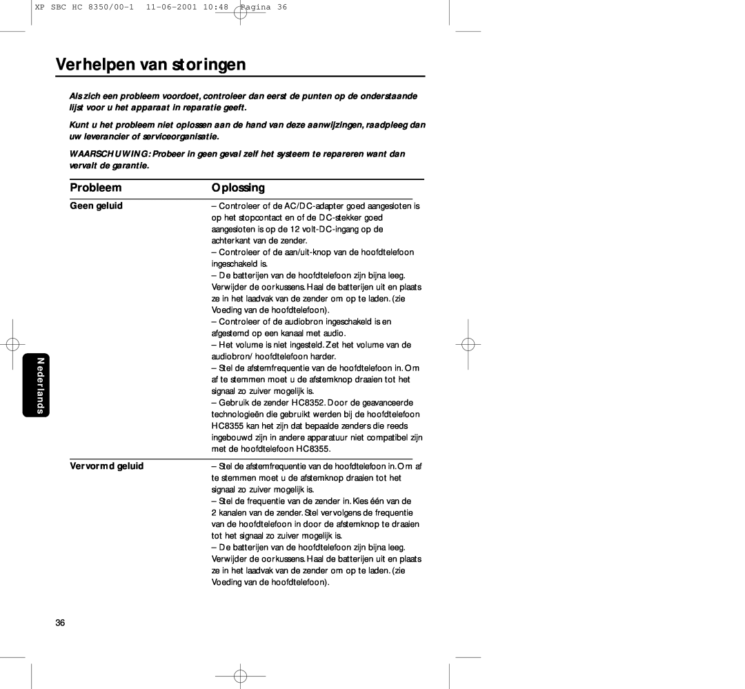 Philips HC8350 manual Verhelpen van storingen, Probleem, Oplossing, Geen geluid, Vervormd geluid 