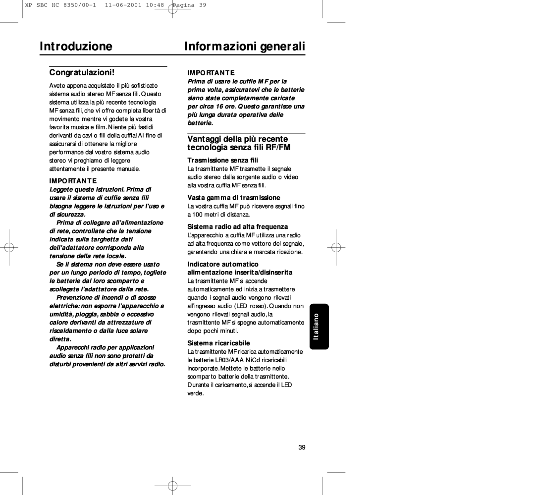 Philips HC8350 manual Introduzione, Informazioni generali, Congratulazioni, Importante, Trasmissione senza ﬁli 