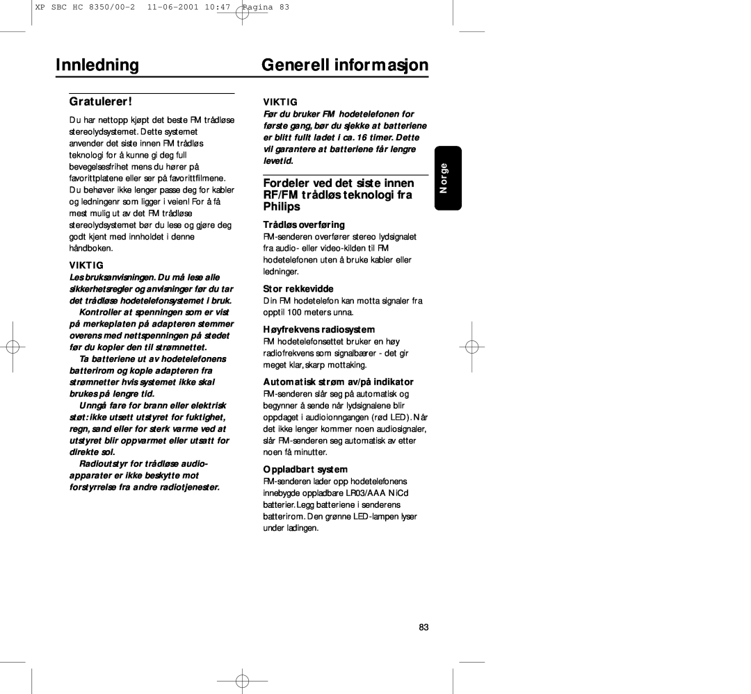 Philips HC8350 manual Innledning, Generell informasjon, Gratulerer, Viktig, Trådløs overføring, Stor rekkevidde 