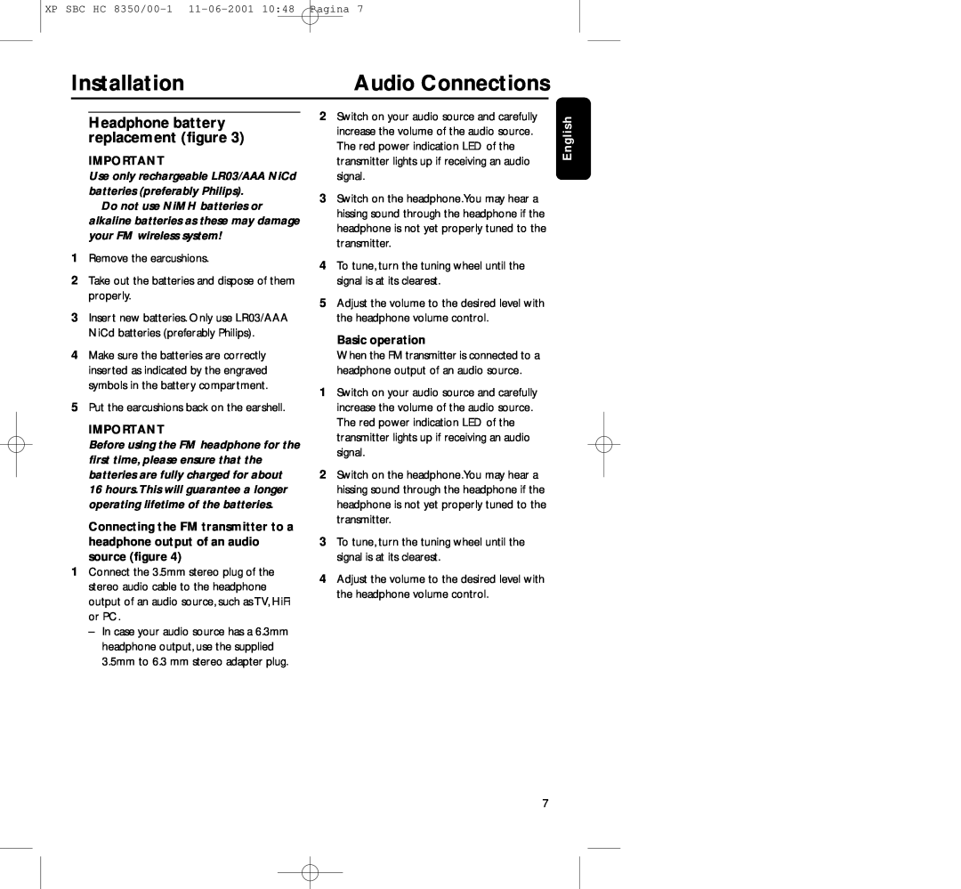 Philips HC8350 manual Audio Connections, Installation, Headphone battery replacement ﬁgure, Basic operation 