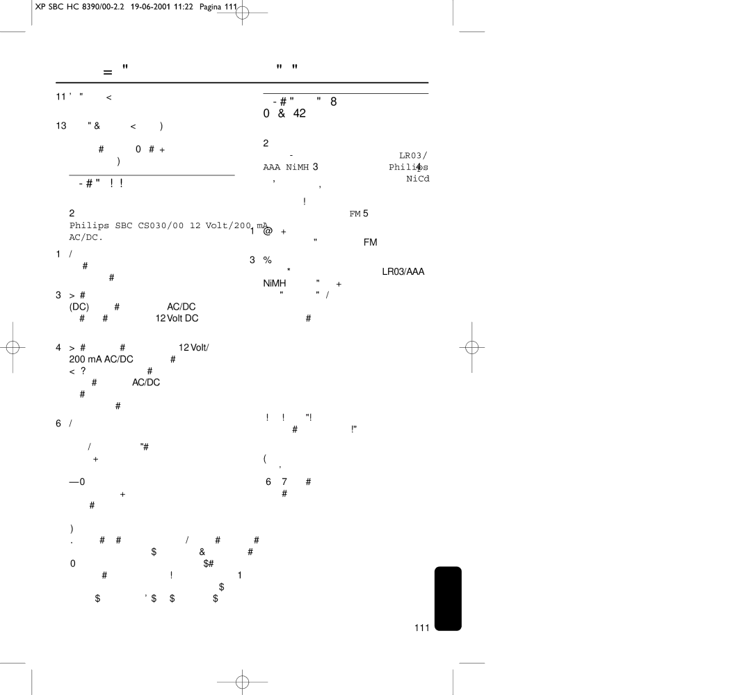 Philips HC8390 manual NiMH, Volt DC, Ma Ac/Dc, 111 