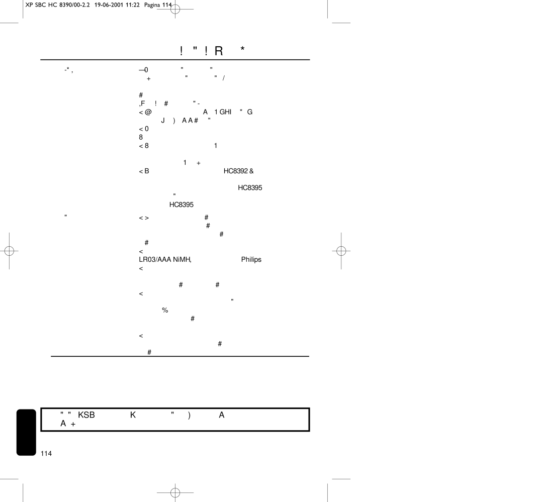 Philips HC8390 manual HC8395 LR03/AAA NiMH Philips 114 