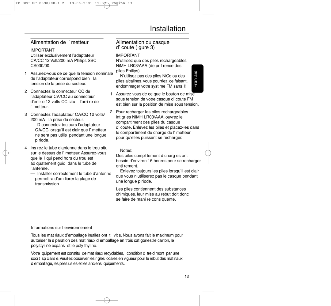 Philips HC8390 manual Alimentation de lémetteur, Alimentation du casque découte ﬁgure 