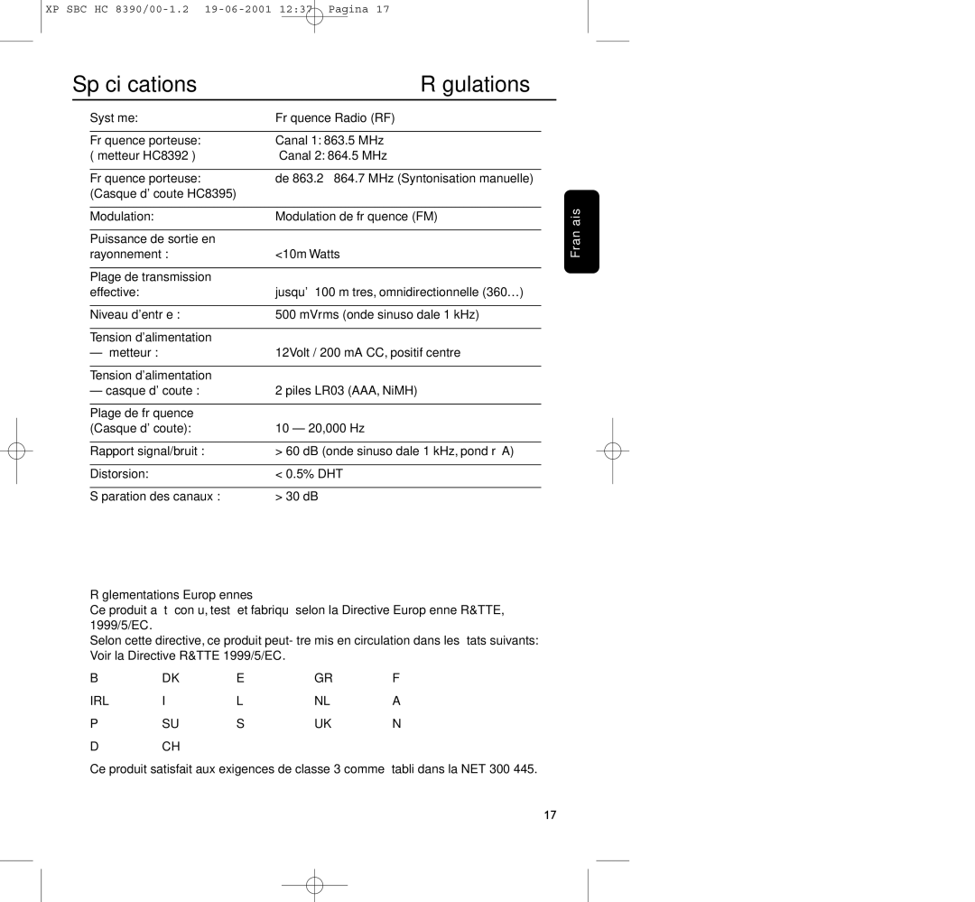 Philips HC8390 manual Spéciﬁcations, Régulations 