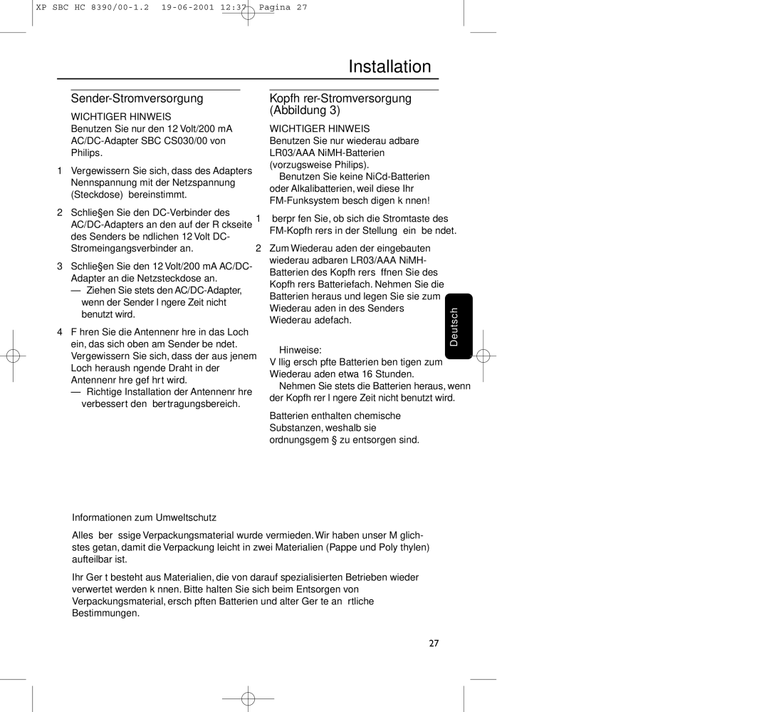 Philips HC8390 manual Sender-Stromversorgung, Kopfhörer-Stromversorgung Abbildung 