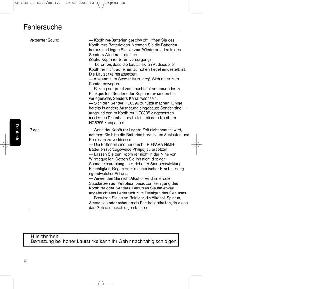 Philips HC8390 manual Hörsicherheit, Pﬂege 