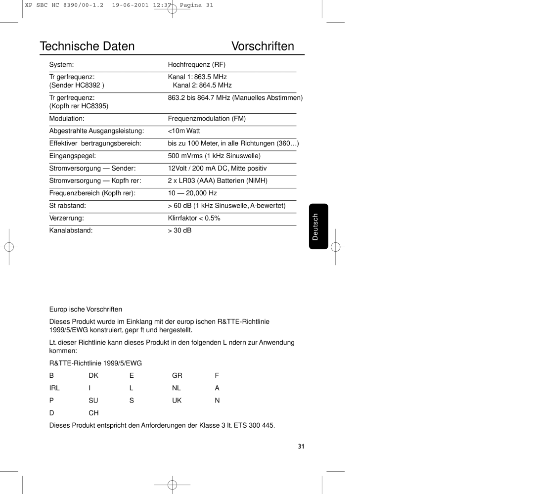 Philips HC8390 manual Technische Daten Vorschriften 