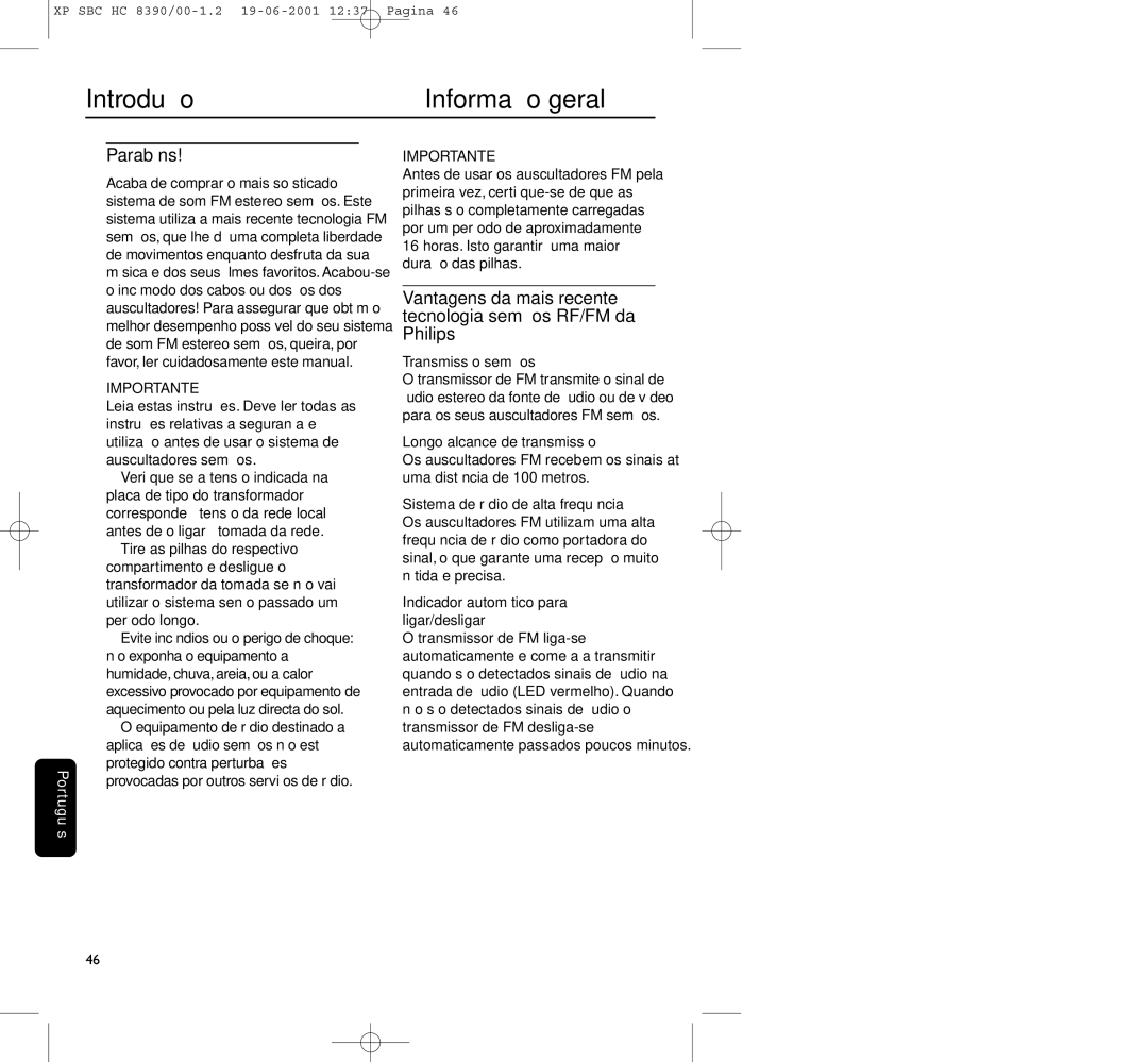 Philips HC8390 manual Introdução Informação geral, Parabéns 