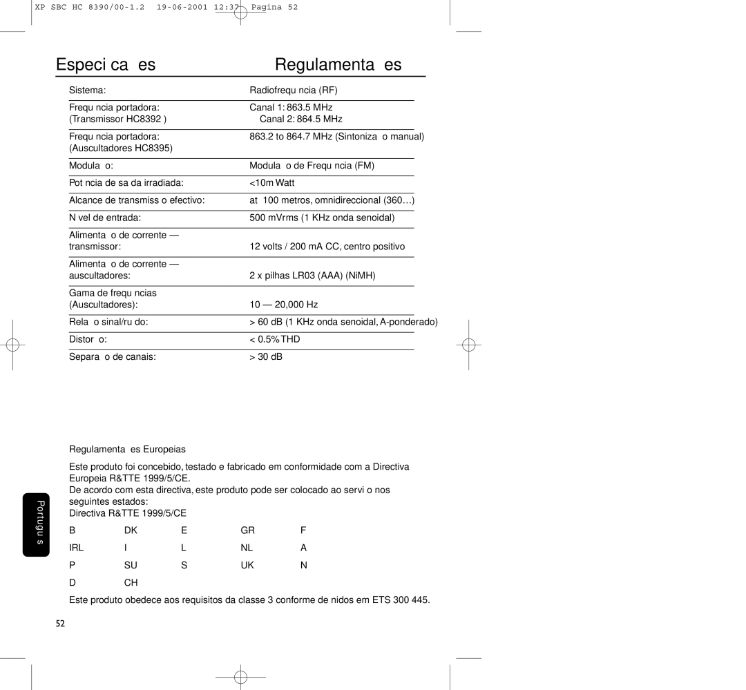 Philips HC8390 manual Especiﬁcações, Regulamentações, Distorção % THD Separação de canais 30 dB 