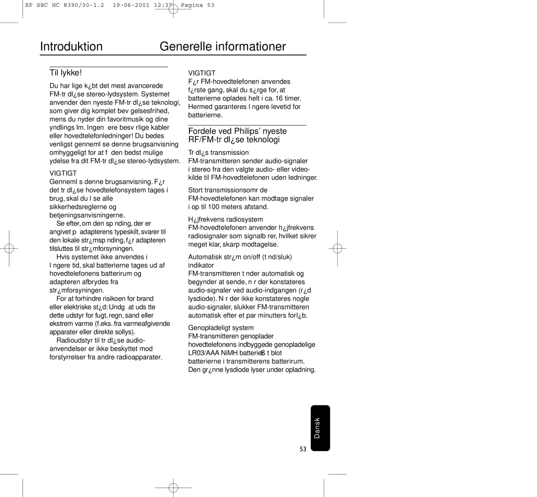 Philips HC8390 manual Introduktion Generelle informationer, Til lykke, Fordele ved Philips nyeste RF/FM-trådløse teknologi 