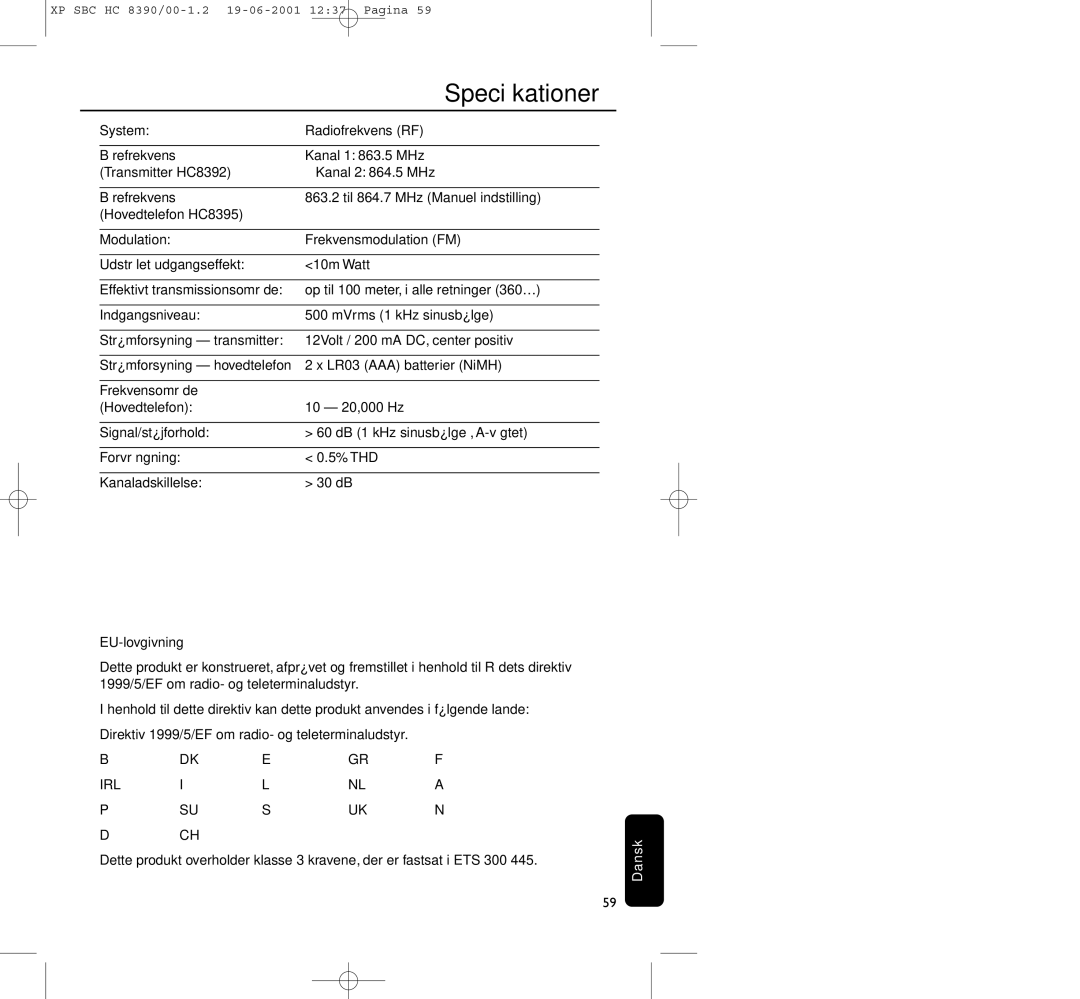 Philips HC8390 manual Speciﬁkationer 