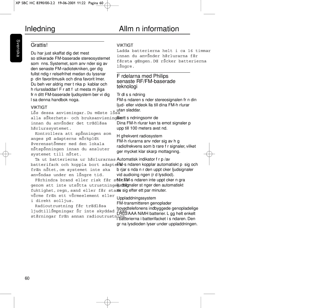 Philips HC8390 manual Inledning Allmän information, Grattis, Fördelarna med Philips senaste RF/FM-baserade teknologi 