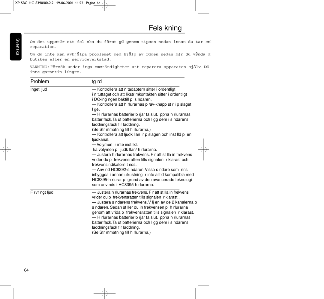 Philips HC8390 manual Felsökning, Problem Åtgärd, Inget ljud, Förvrängt ljud 