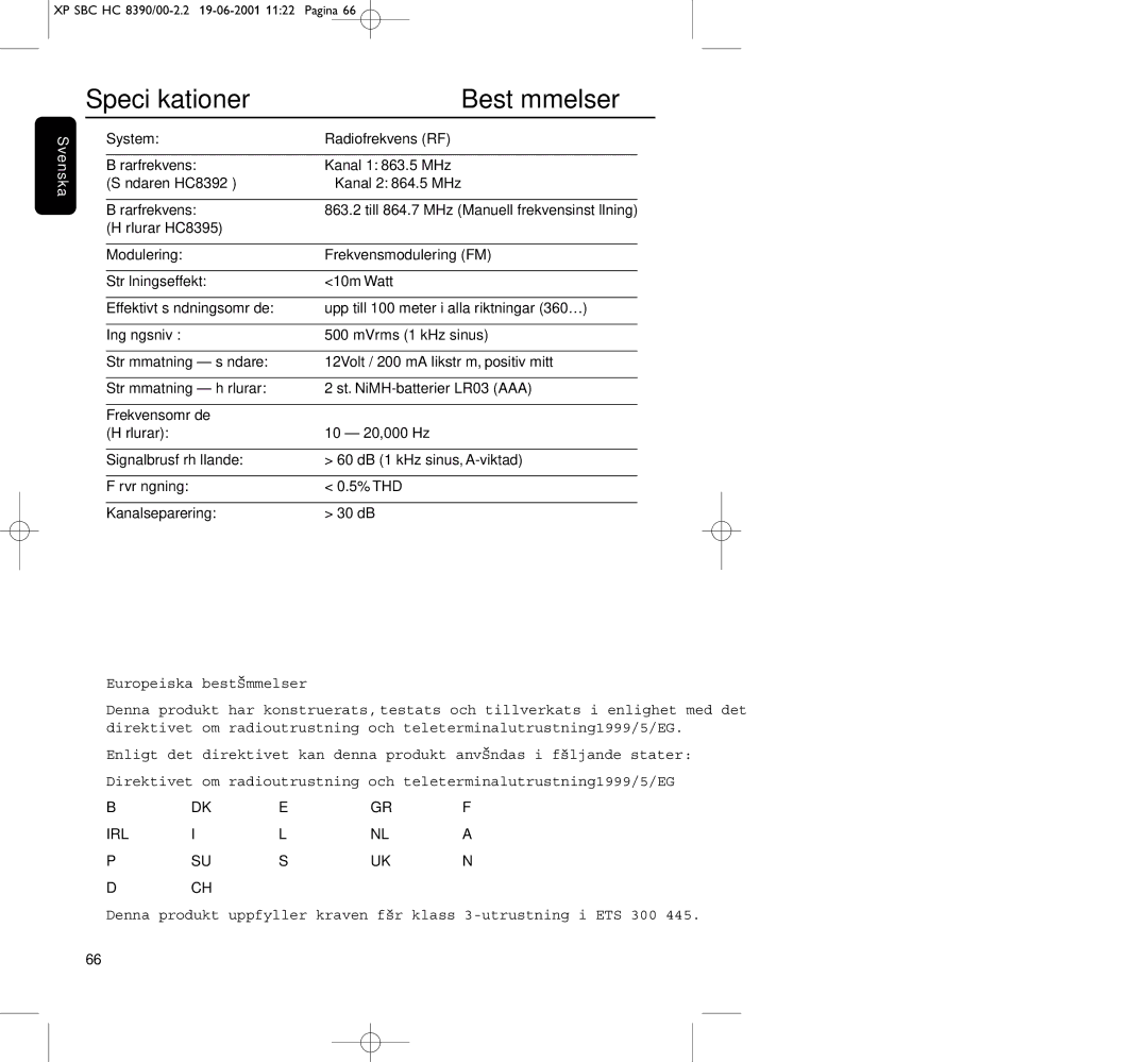 Philips HC8390 manual Speciﬁkationer Bestämmelser 