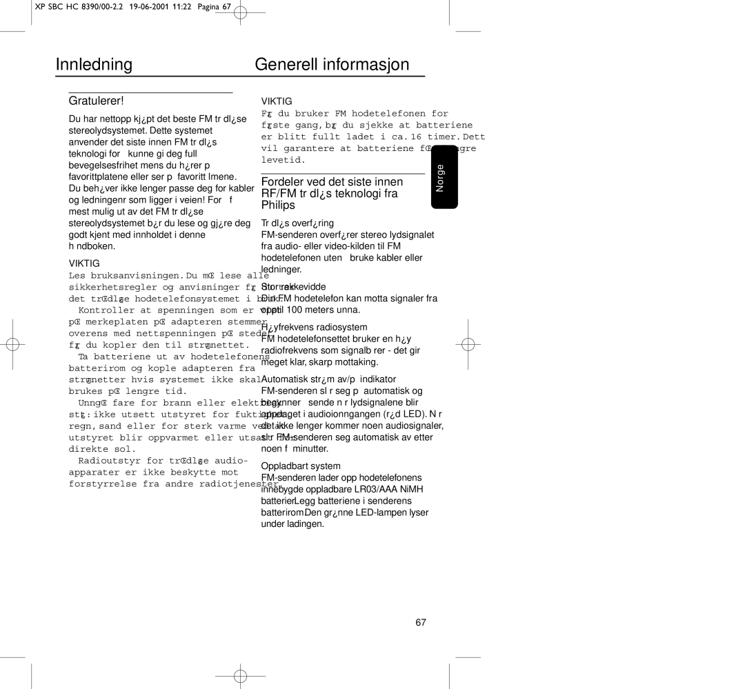 Philips HC8390 manual Innledning Generell informasjon, Gratulerer 