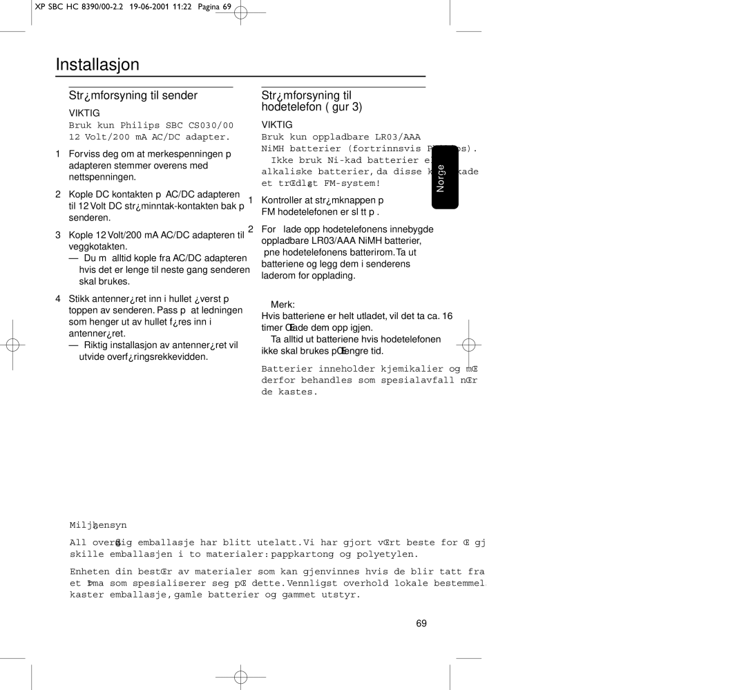 Philips HC8390 manual Installasjon, Strømforsyning til sender, Strømforsyning til hodetelefon ﬁgur 