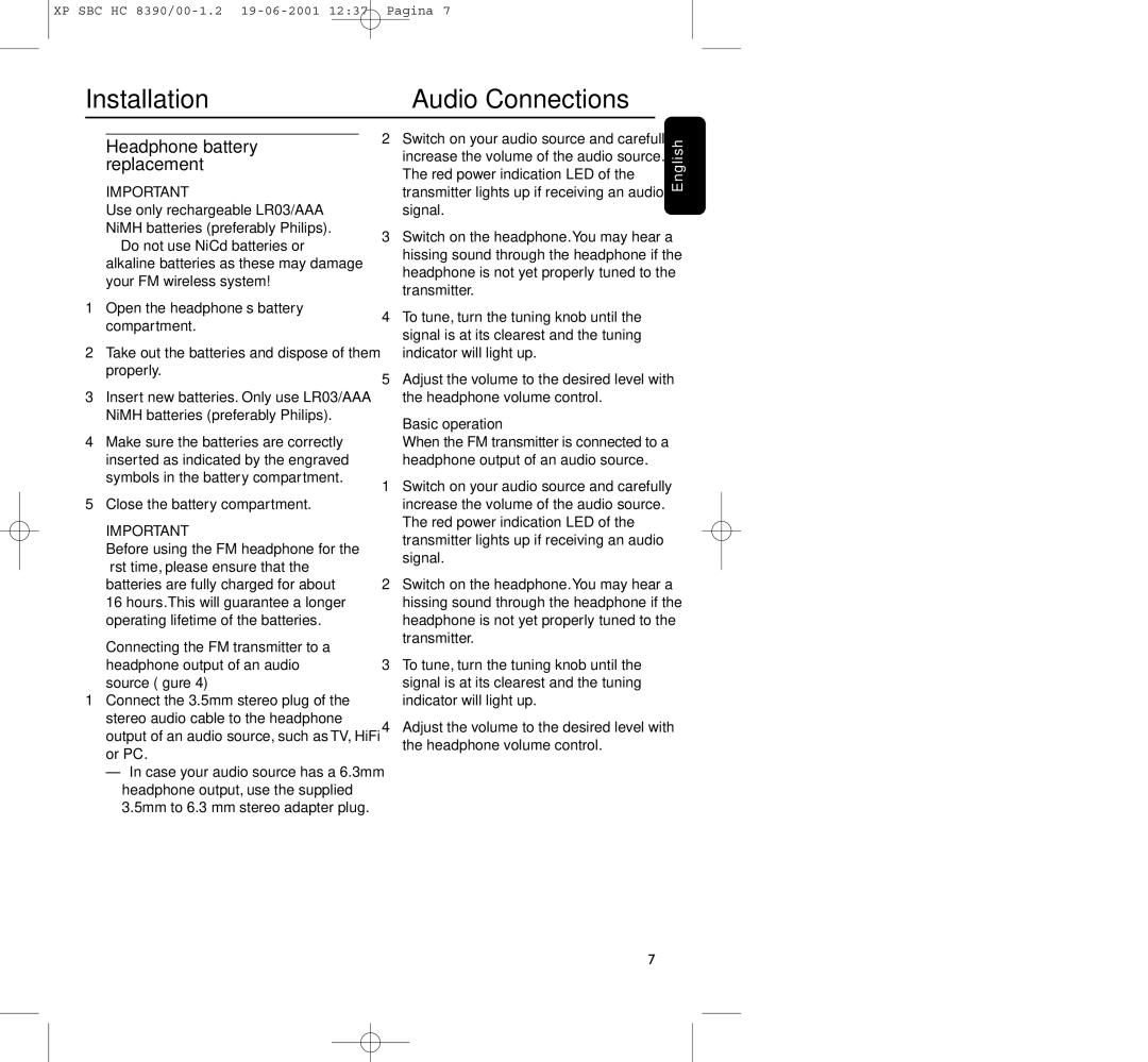 Philips HC8390 manual Audio Connections, Headphone battery replacement, Close the battery compartment, Basic operation 