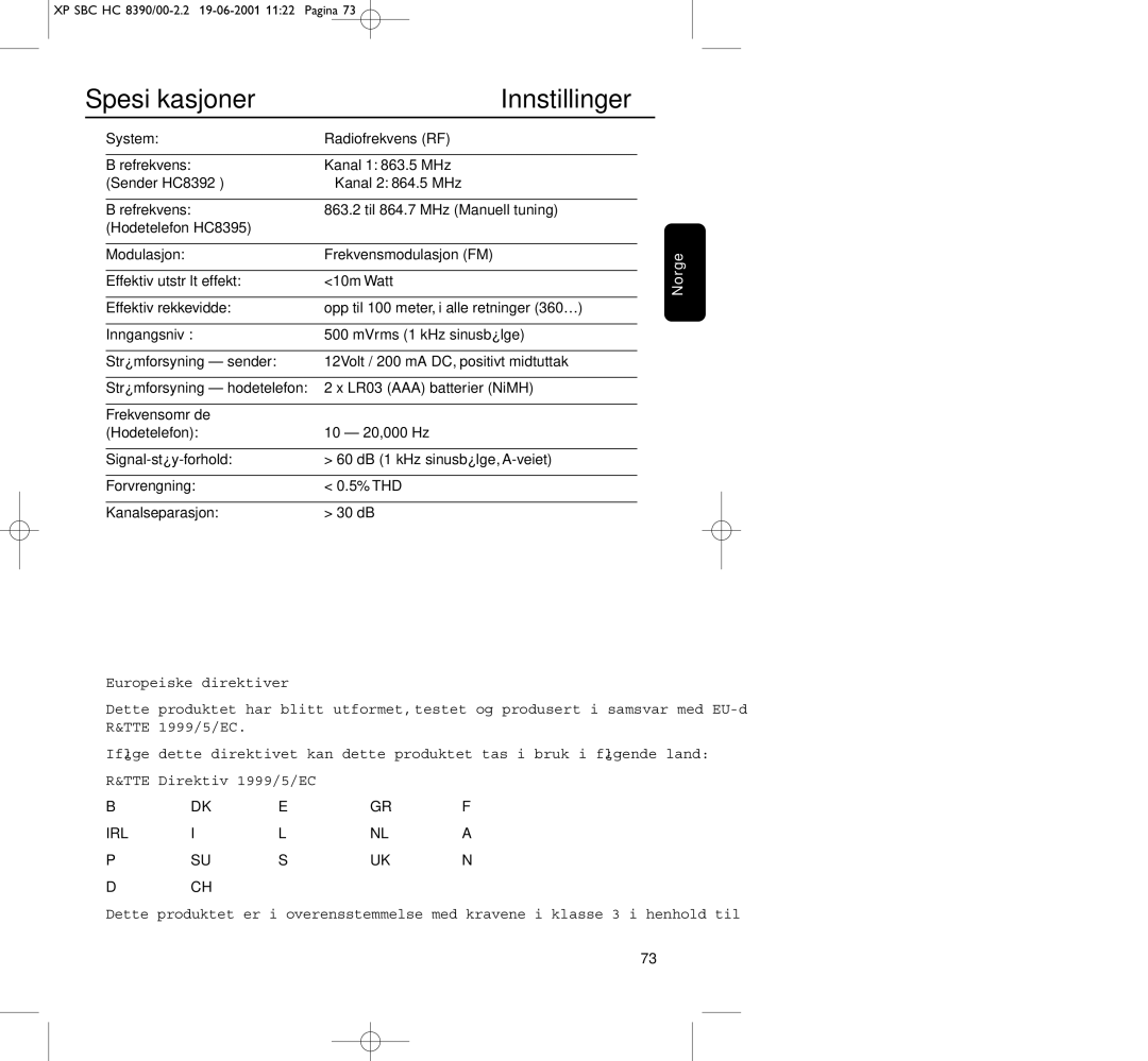 Philips HC8390 manual Spesiﬁkasjoner Innstillinger 